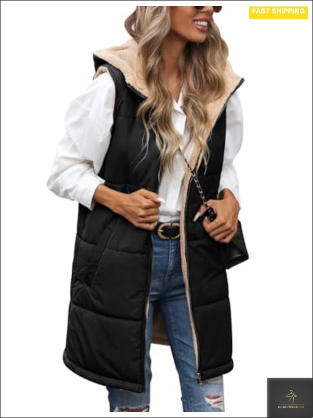 Reversible Sleeveless Hooded Fleece Vest Jacket Zip Up Warm Winter Long Coat